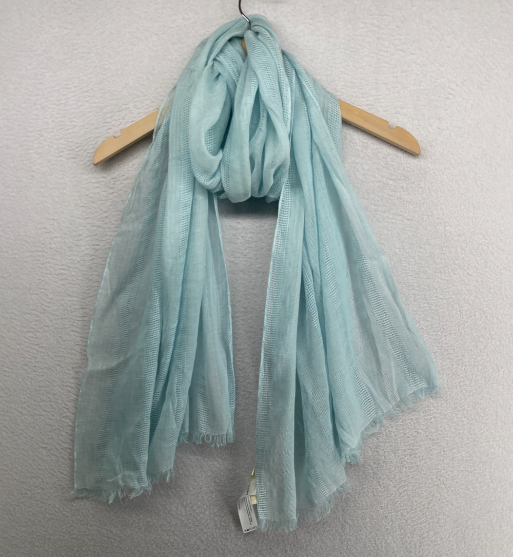 EILEEN FISHER Scarf Linen Cotton Fringed Shawl Wrap Aqua Blue 26" x 72" Italy